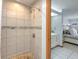 Well-lit bathroom featuring a tile shower with pebble accents, neutral paint, and a vanity with white countertops at 6709 W Knights Griffin Rd, Plant City, FL 33565