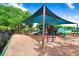 A shady playground features modern play equipment and comfortable seating, creating a welcoming recreational space at 16118 Lytham Dr, Odessa, FL 33556