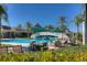 Relax poolside at the community pool, featuring lush landscaping and views of the clubhouse on clear sunny day at 20606 Whitewood Way, Tampa, FL 33647