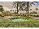 Community entrance with lush landscaping and a decorative water feature with palm trees at 2333 Brookfield Greens Cir, Sun City Center, FL 33573