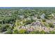 An aerial view showcases a neighborhood's serene setting, mature trees, community pool, and well-maintained townhome exteriors at 486 Lakeview Dr # 54, Palm Harbor, FL 34683