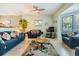 Inviting living room with comfortable sofas, a ceiling fan, and large windows at 486 Lakeview Dr # 54, Palm Harbor, FL 34683