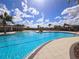 Expansive community pool with clear blue water, palm trees and lounge chairs under a partly cloudy sky at 10303 Malvasia Ave, Riverview, FL 33578