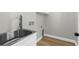 Bright laundry room featuring a stainless steel sink, faucet, white cabinets, and wood-look flooring at 17917 Machair Ln, Land O Lakes, FL 34638
