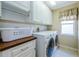 Clean laundry room equipped with a washer, dryer, and ample storage space at 2629 Timacqua Dr, Holiday, FL 34691