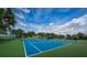 Well-maintained blue tennis court with lush green surroundings and a shaded seating area provides a relaxing view at 2629 Timacqua Dr, Holiday, FL 34691