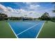 Well-maintained blue tennis court offers a recreational amenity for residents to enjoy in the residential community at 2629 Timacqua Dr, Holiday, FL 34691