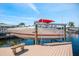 Dock with a boat lift, bench, and waterfront access, ideal for relaxing by the water at 3505 Seaway Dr, New Port Richey, FL 34652
