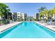 Beautiful clear blue pool surrounded by lounge chairs and tropical landscaping in a quiet community at 5980 Terrace Park N Dr # 214, St Petersburg, FL 33709