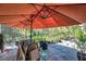 Covered patio with a large orange umbrella and screened in enclosure at 6130 Japonica Ct, New Port Richey, FL 34655