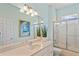 Bathroom with a single sink vanity, large mirror, and a shower with glass door at 9398 N Burnam Dr, Weeki Wachee, FL 34613