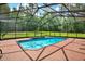A bright blue swimming pool is surrounded by a brick patio inside a screened enclosure overlooking a grassy, wooded yard at 24498 Casey Rd, Brooksville, FL 34601