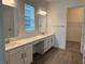 Bright bathroom with double vanity, modern fixtures, and a walk-in closet for ample storage at 31556 Cardinal Yard Dr, San Antonio, FL 33576