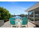 Relax on the patio with turquoise Adirondack chairs and enjoy waterfront views and beautiful landscaping at 4968 Southshore Dr, New Port Richey, FL 34652