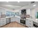 Modern kitchen featuring white cabinets, stainless steel appliances, and a window overlooking the water at 4968 Southshore Dr, New Port Richey, FL 34652
