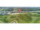 Aerial view displaying the neighborhood's serene setting near a lake and expansive green landscape at 9893 Branching Ship Trce, Wesley Chapel, FL 33545