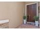 Inviting front entrance with a dark wood door, accent plants, and stone siding at 10514 Scenic Hollow Dr, Riverview, FL 33578