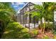 View of a home's screened-in patio with lush landscaping and view of the backyard at 10712 Oak Bend Dr, Parrish, FL 34219