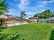 Wide-open backyard with a lush lawn, palm trees, and a wooden fence, providing a private retreat at 12327 Glenfield Ave, Tampa, FL 33626