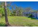 Spacious backyard with a screened pool, framed by mature trees and lush lawn offering privacy and tranquility at 13483 Heritage Way, Sarasota, FL 34240