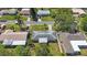 Bird's eye view of a home with a well-kept yard, adjacent to neighboring houses and tree-lined streets at 1410 Lime St, Clearwater, FL 33756