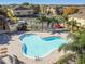 Aerial view of a clover shaped community pool and surrounding houses with mature palm trees at 256 Castlekeeper Pl, Valrico, FL 33594