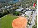 Aerial shot shows proximity to a baseball field, parking, and residential area at 318 Banana St, Tarpon Springs, FL 34689