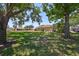 Expansive backyard with mature trees, lush green grass, and a view of the single-story home at 319 Kelsey Way, Sun City Center, FL 33573