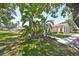 Well-manicured front yard with lush green grass and palm trees at this single-story home at 319 Kelsey Way, Sun City Center, FL 33573