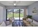 Relaxing lanai with comfortable seating and a view of the well-manicured lawn at 319 Kelsey Way, Sun City Center, FL 33573