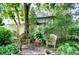Serene backyard featuring two inviting wooden benches, a perfect spot for relaxation and enjoying nature at 4215 Water Oaks Ln, Tampa, FL 33618