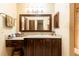 Bathroom vanity with granite counter tops, dark wood cabinets and a mirror at 4215 Water Oaks Ln, Tampa, FL 33618