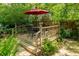 Charming backyard patio with wooden deck, table, chairs, and a red umbrella at 4215 Water Oaks Ln, Tampa, FL 33618