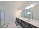 Stylish bathroom featuring double sinks, a large mirror, and a glass-enclosed shower at 5548 Silver Sun Dr, Apollo Beach, FL 33572