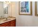 Bathroom featuring a granite countertop, brown cabinets, artwork, and modern fixtures create a stylish space at 10528 Bermuda Isle Dr, Tampa, FL 33647