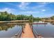View of a wooden dock extending into a calm lake surrounded by lush greenery and waterfront homes at 10528 Bermuda Isle Dr, Tampa, FL 33647
