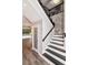 Staircase with black and white design elements, decorative railing, and pantry access at 10528 Bermuda Isle Dr, Tampa, FL 33647