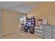 Bedroom offers neutral paint, carpet, and window with blinds, plus desk, dresser, and small bookcase at 13421 Sydney Rd, Valrico, FL 33594