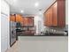 Well-lit kitchen featuring stainless steel appliances, a breakfast bar, and dark granite countertops at 20113 Bending Creek Pl, Tampa, FL 33647