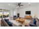 Bright living room with tile flooring, plush seating, ceiling fan, and sliding glass doors to the backyard at 7139 Steer Blade Dr, Zephyrhills, FL 33541