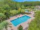 Aerial shot of a large swimming pool featuring lane markers, palm trees, and ample lounge seating at 8226 Summer Brook Ct, Land O Lakes, FL 34638