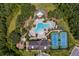 Aerial shot of the community pool, tennis court, and playground enveloped by mature trees and verdant landscaping at 19204 Briarbrook Dr, Tampa, FL 33647