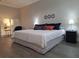 Serene bedroom featuring a comfortable bed with stylish linens, side tables, and decorative wall art at 9943 Campanula Ct, Land O Lakes, FL 34637