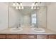 Bright bathroom featuring double sinks with wood cabinets, large mirror, and updated lighting fixtures at 10135 Post Harvest Dr, Riverview, FL 33578