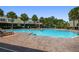 Community pool with lounge chairs and tables for residents to relax and soak up the sun, and lush green tropical trees at 10135 Post Harvest Dr, Riverview, FL 33578