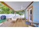 Relax on this cozy covered patio with comfortable seating and a ceiling fan for breezy comfort at 1240 Georgia Ave, Dunedin, FL 34698