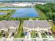 Features an aerial view of townhomes in a community with a lake at 12913 Dream Catcher Way, Riverview, FL 33579