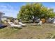 Spacious backyard with a mature tree providing shade, two lounge chairs, and fire pit at 1344 Dartmouth Dr, Holiday, FL 34691