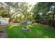 Well-maintained backyard featuring a fire pit, above ground pool, and lush lawn at 1880 Belleair Rd, Clearwater, FL 33764