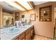 Cozy bathroom with vintage blue sink, decorative mirrors, and warm neutral walls at 29133 Lawton Dr, Nobleton, FL 34661